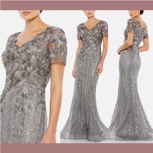 NWD $798 Mac‎ Duggal [ 18 ] Embellished V Neck Cap Sleeve Trumpet Gown Grey Q656